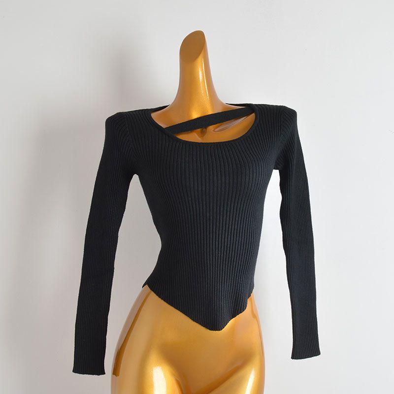 Fall and Winter New Arrival Pure Color Round Neck Pullover Knitwear Women's Clothing Silm Slim Looking Asymmetrical Bottoming Shirt Long Sleeves Tops