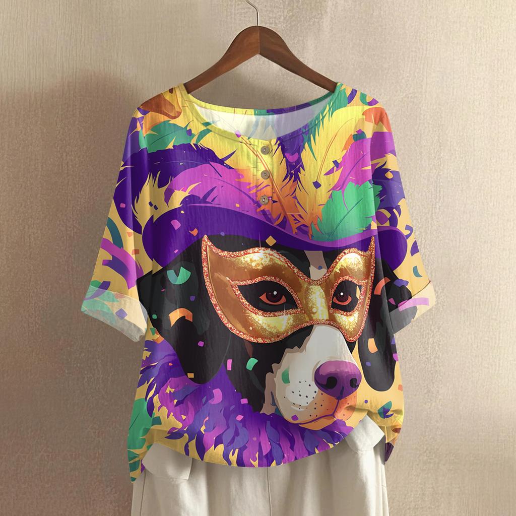 Women's Fashionable And Casual Shirt Half Sleeve Round Neck Print Cotton And Linen Blouse Top