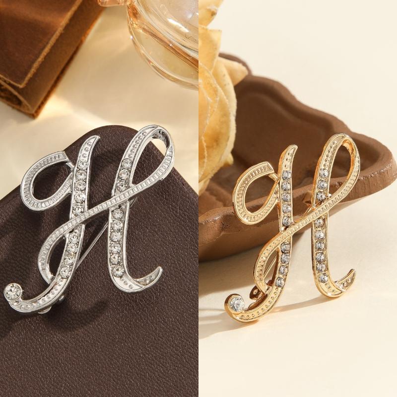 2Pcs  Full  Encrusted Gold And Silver Alphabet Letter Brooches Pins Minimalist Clothing Jewelry Accessory