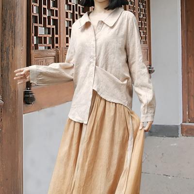 Damen Herbstmode Chinesischer Stil Langarmhemd Lässig Einfarbig Peter Pan Kragen Hemd