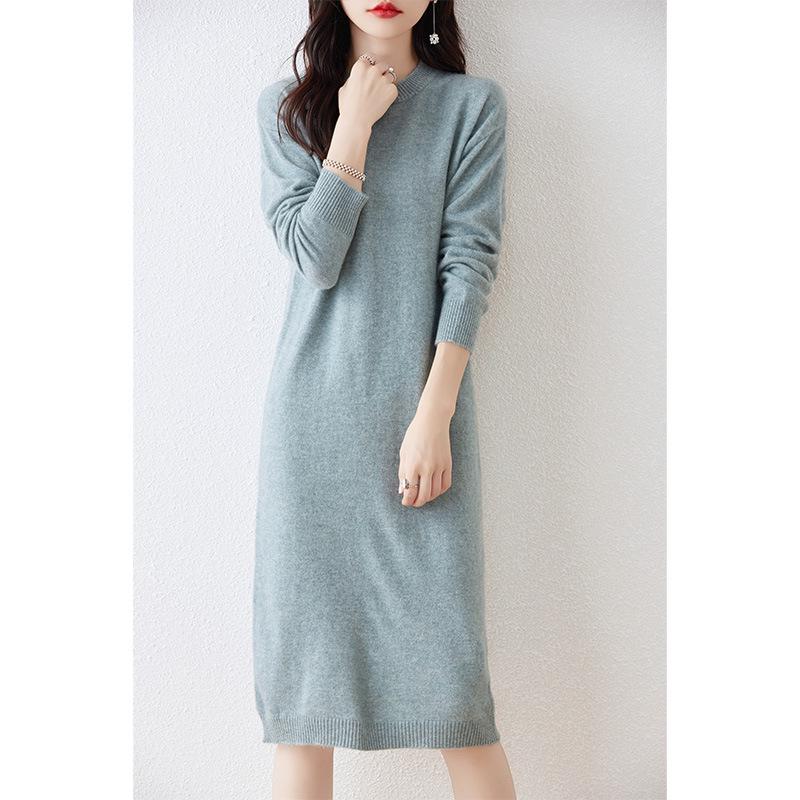 Women's Long Wool Knitted Dress - Over-the-Knee, Semi-High Neck, Loose Fit for Autumn/Winter
