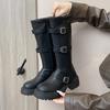 Fashion Comemore Brown Retro Thick-Soled Long Boots for Women Versatile Chunky Heel Retro Autumn Belt Buckle Platform Knee High Boots