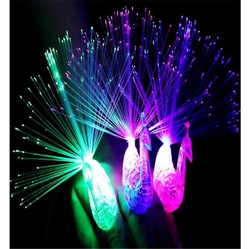 LED Peacock Finger Ring Lights Fiber Optic Lamp Change Color Intelligence Toys for Children Gift