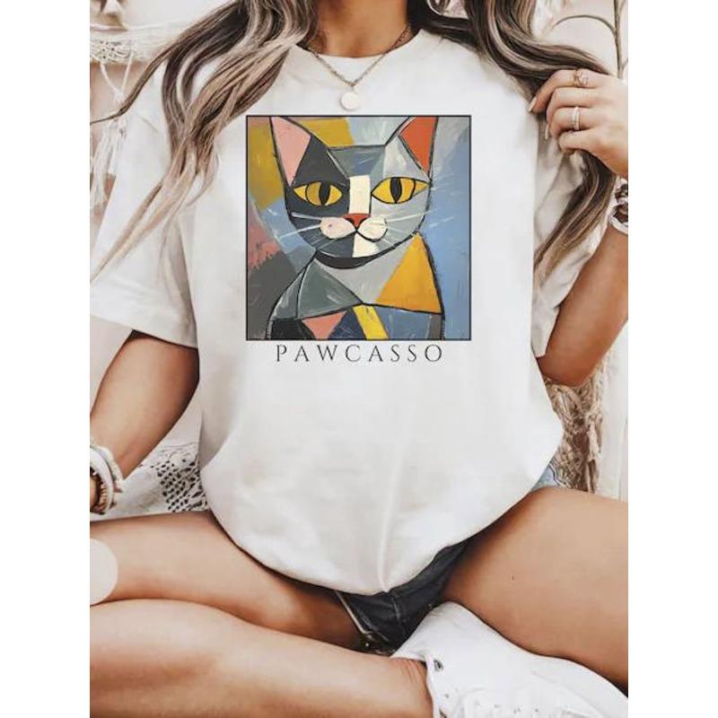 

Pure Picasso Cat Pattern Printed T-Shirt | Spring Summer Round Neck Short Sleeve Women S T-Shirt, Breathable Casual Sports Top, Holiday Gift W S белый