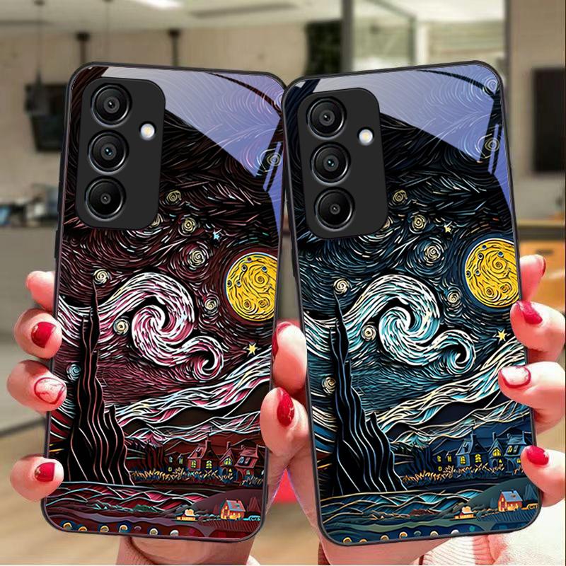 Retro Oil Painting For Samsung Galaxy A15 5G 54 4G 51 50 24 35 90 71 12 51 53 52S 80 22 34 Black Tempered Glass Phone Case