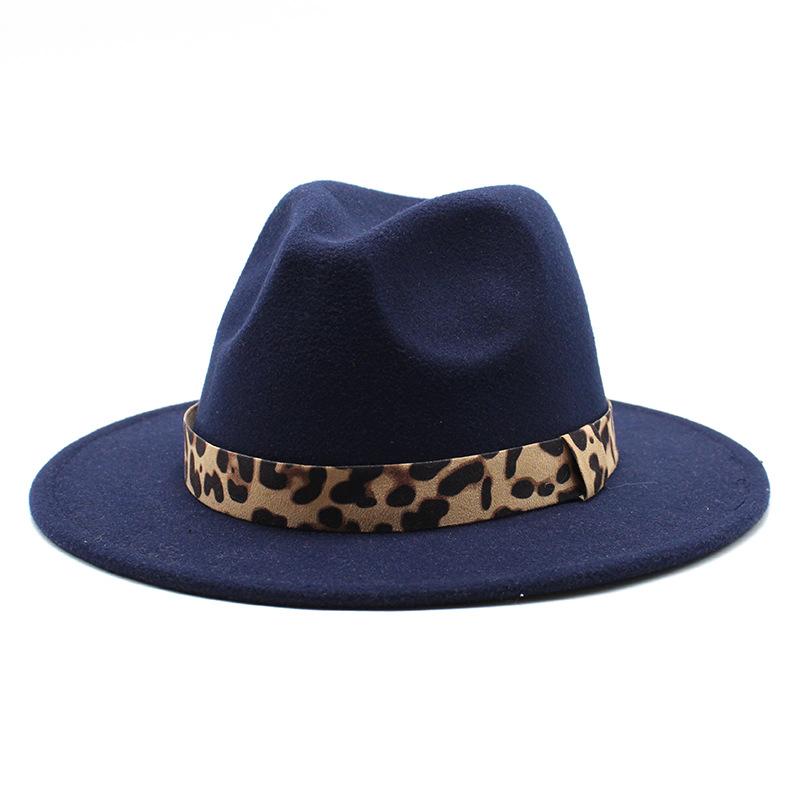 Woolen Top Hat Leopard Print Solid Color Hat Women'S Flat-Brimmed Big-Brimmed Jazz Hat 22 Colors