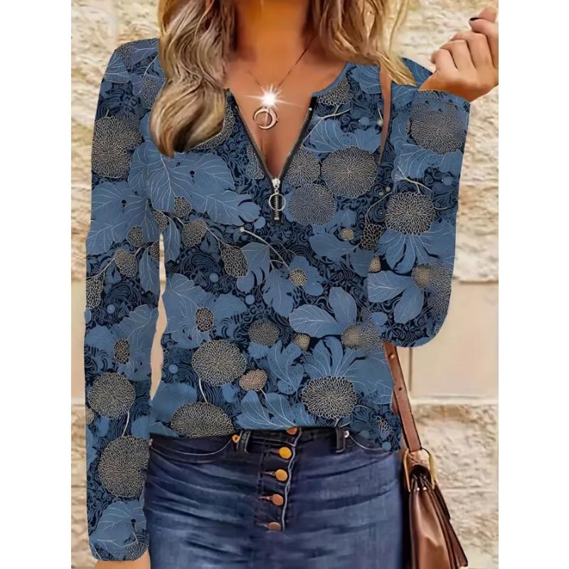 Women's elegant printed zipper long-sleeved top, stylish and versatile for autumn and winter casual and office wear, machine washable