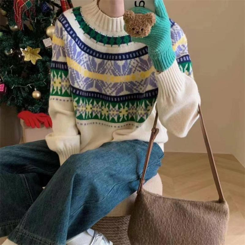 Spring and Autumn New Fair Island Jacquard Pullover Women's Retro Loose Lazy Knitted Sweater Top Trend