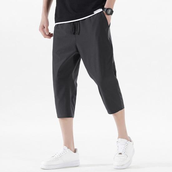 Men Cropped Pants Elastic Waistband Drawstring Quick-Drying Breathable Fit Fabric Loose Design Sports Leisure Pants