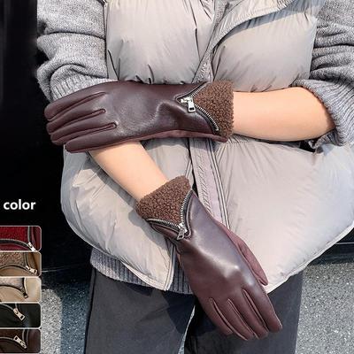 Pu Leather Gloves Winter Warm Lamb Fleece Touch Screen Gloves For Women Outdoor Riding Windproof Cold Proof Gloves