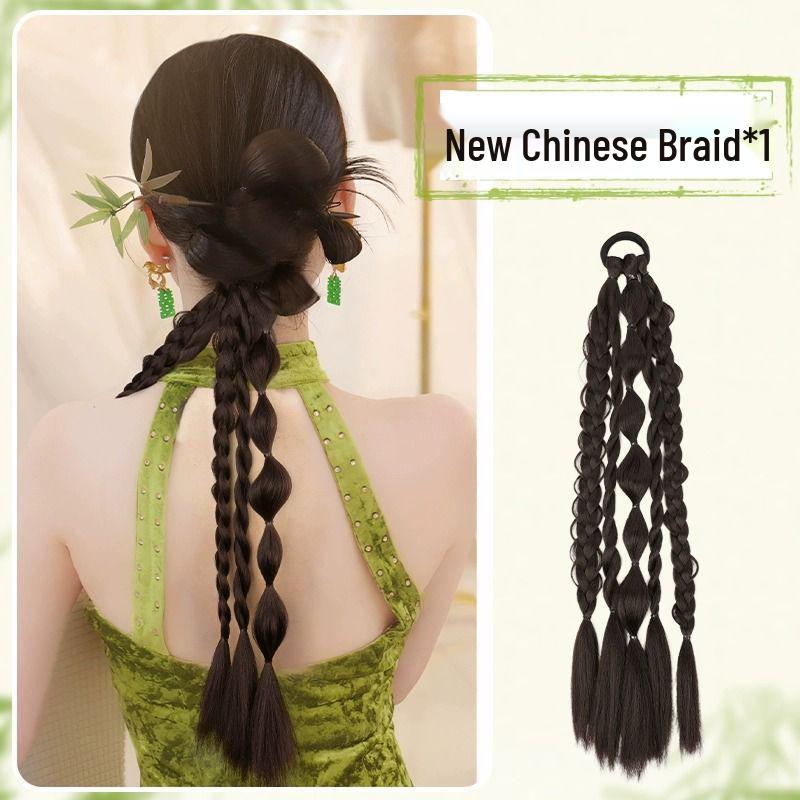 Golden Thread Chinese Five-Strand Fishtail Braid Ponytail & Flower Bun Bridal Hair Robe for Photography