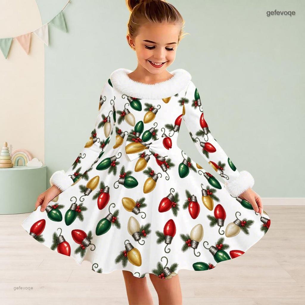 Kids Long Sleeve Christmas Dress, Fall Maple Leaf Print Faux Fur Collar Bow Decor Princess Dresses for Girl Holiday Party Wear