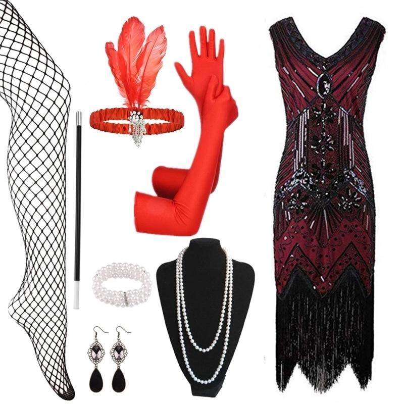 Hot Sale Vintage Sequins Tassel Dress Prom Evening Dress Accessories Set