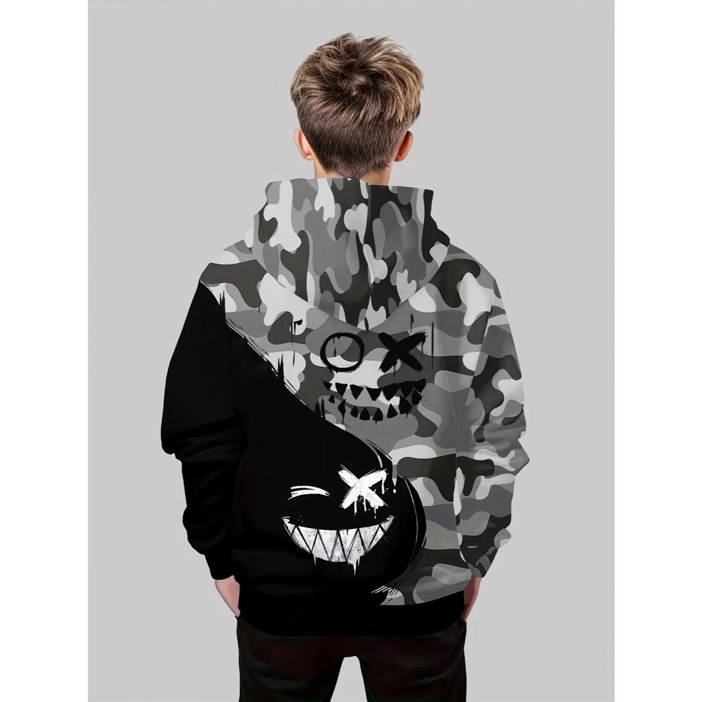 Trendy and fashionable children's hoodies in spring and autumn seasons, gray green black three tone striped 3D