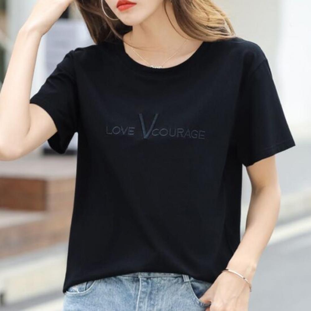 Navava Women Daily Basic Embroidery LeTTering Round Neck ShorT Sleeve T shirT nT