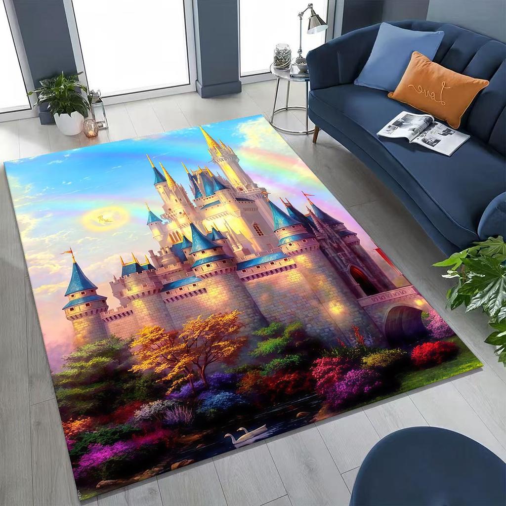 Enchanted Fairytale Princess Castle Gothic Castle Cartoon Rug for Bedroom Living Room Sofa Home Doormat Decor, Kids Non-slip Mat
