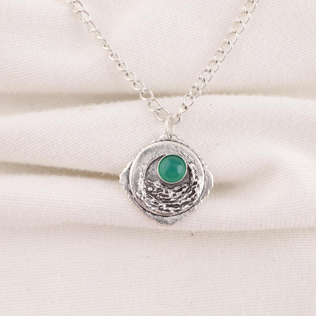 Green Onyx Cab Gemstone Jewelry, 925 Solid Sterling Silver Pendant, Handmade Silver Pendant For Wedding Gift