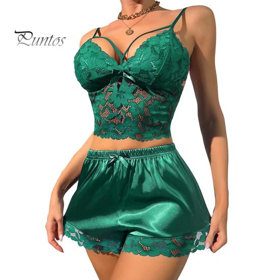 

2 шт./комплект женский пижамный комплект ажурный кружевной V-образный вырез без рукавов укороченный топ с высокой талией атласные шорты домашний отпуск День святого Валентина годовщина L темно-зеленого