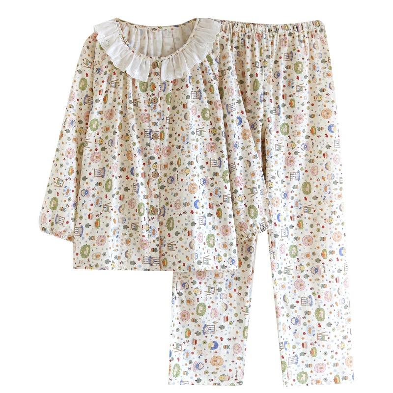2026 New Spring/Summer Women's Pajama Set 100% Cotton Gauze Sweet and Cute Long Sleeve Lace Home Clothes Two Piece Set