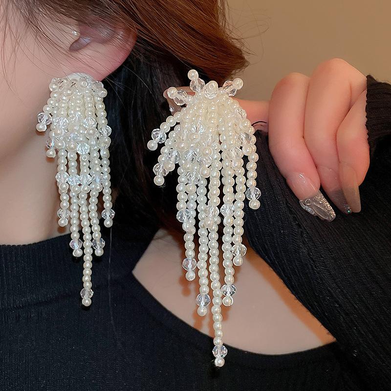 French Retro Pearl  Bow Tassel Dangle Earrings For Women  Elegant Tassel Jewelry Party Gifts
