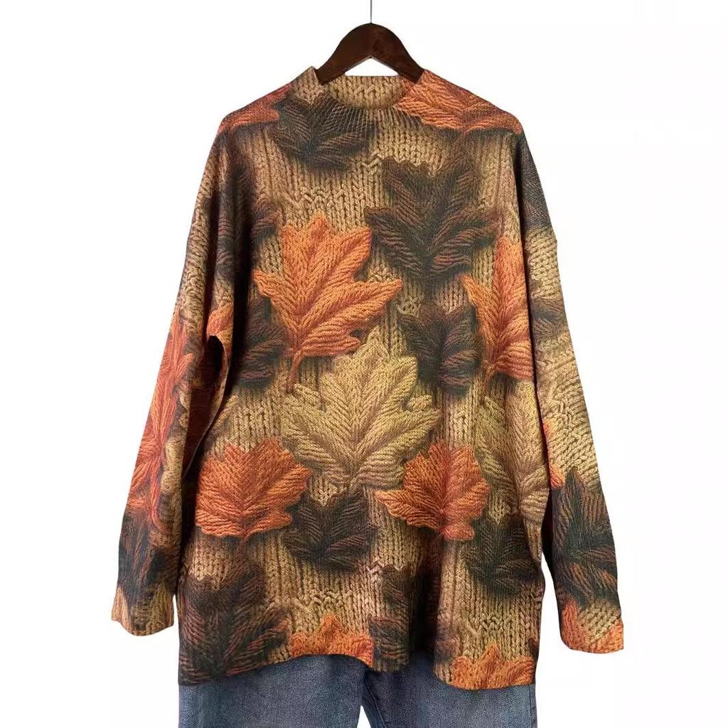 Autumn Women's Maple Leaf 3D Print Round Neck Sweater - Comfortable Long Sleeve Loose Fit Knitwear