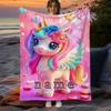 Customizable unicorn blanket with sparkling rainbow mane, soft and lightweight pink flannel blanket, personalized name options