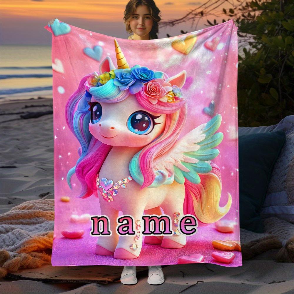 Customizable unicorn blanket with sparkling rainbow mane, soft and lightweight pink flannel blanket, personalized name options