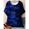 Plus Size--Women's Round Neck Short Sleeve T-Shirt Navy Blue Floral Graffiti Print Knitted Craft Print