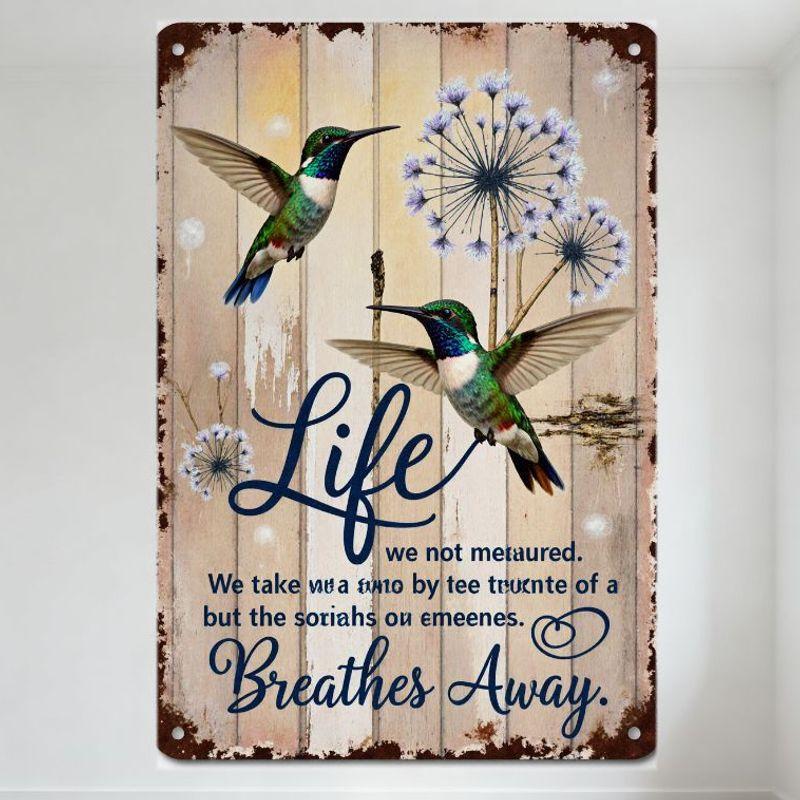 

Vintage Rustic Hummingbird Metal Tin Sign with Wooden Background - Blue Dandelion Flowers, Iridescent Birds & Poetic Text Life 20x30cm（7.8x11.8inch）