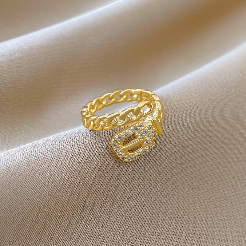 Real Gold Chain Belt Full Diamond Ring Opening Adjustable Simple Jewelry Japanese Ring Couple Ring