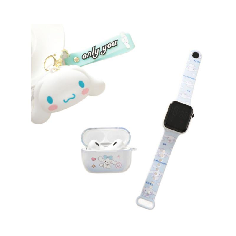 Kreskówkowe Silikonowe Etui Ochronne z Portmonetką na Monetę na Zamek Błyskawiczny, Wykwintny Zegarek LED i Bezprzewodowe Słuchawki Bluetooth TWS