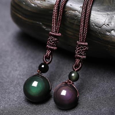 Obsidiana natural Ojo de arco iris buena suerte colgante de cuentas mujer hombres cadena larga collares de punto collar de bolas de piedra