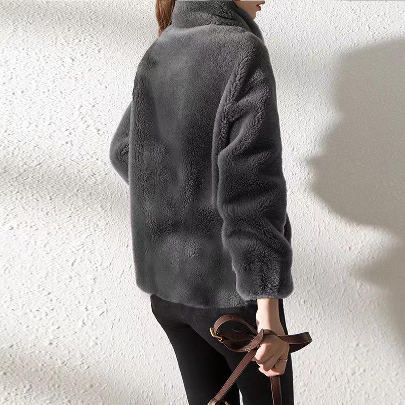 Women's Winter Stand Collar Fleece Jacket - Double-Sided Thick with Zipper and Warm Sweater Cardigan Design