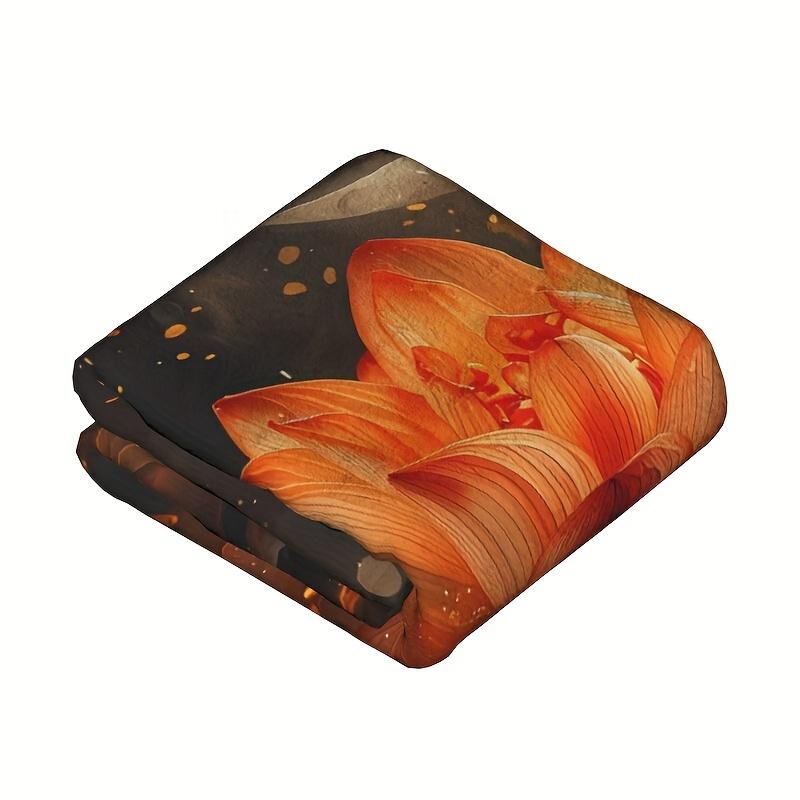 Reversible Orange forLotusFlower Print Flannel BlanketSoftWarm Shawl for BedroomDormCarOutdoorSofaTravelOfficeGiftAll-Season Use