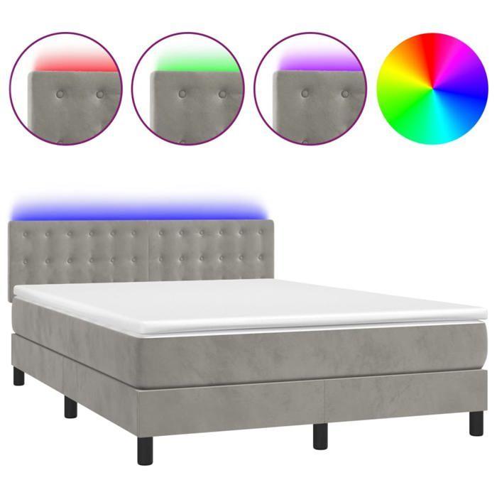 Sommier à lattes avec matelas - Maison Exclusive - 140x200 cm - Velours gris clair - Bande LED colorée