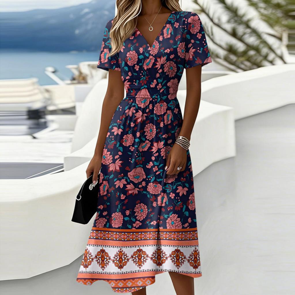 Damen-Kleid mit Blumenmuster, lässig und modisch, kurzärmelig, V-Ausschnitt