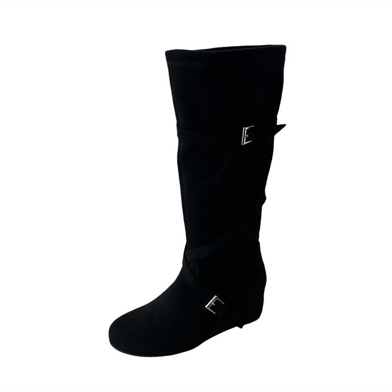 New Retro Matte, Height Increased by 6cm~ Korean Round Head Buckle with Soft Folds and Thin High Boots for Women's Autumn