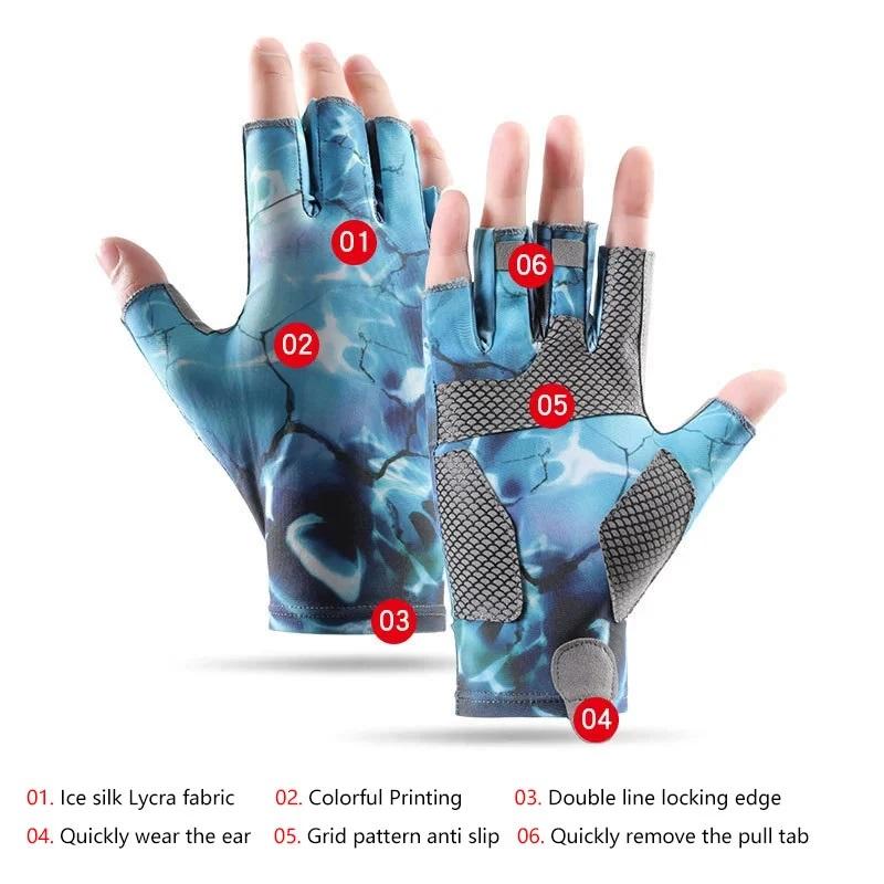 Sommer Angeln Atmungsaktiver Eisseide Halbfingerhandschuh Bedruckter Atmungsaktiver Sonnenschutzhandschuh Waschbar Outdoor Radfahren Sportausrüstung