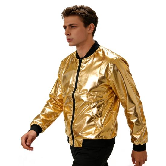 Men Coat Stand-Up Collar Threaded Cuffs Long Sleeve Jacket Coat Golden Stamping Shiny Outerwear Versatile Spring Autumn Casual Wear