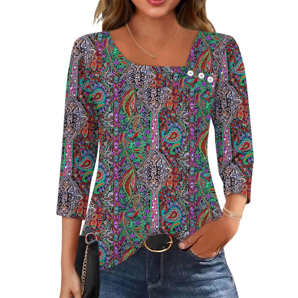 3/4 Sleeve Shirts For Women  Tees Blouses Casual Plus Size Basic Tops Pullover