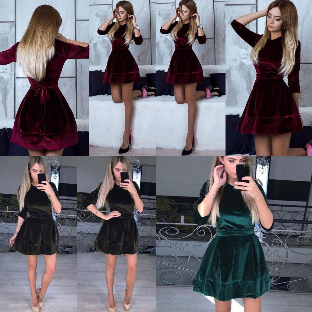 Elegant Women Dress Fashion Velvet Swing Plush Party Evening Prom Skater Midi Dress