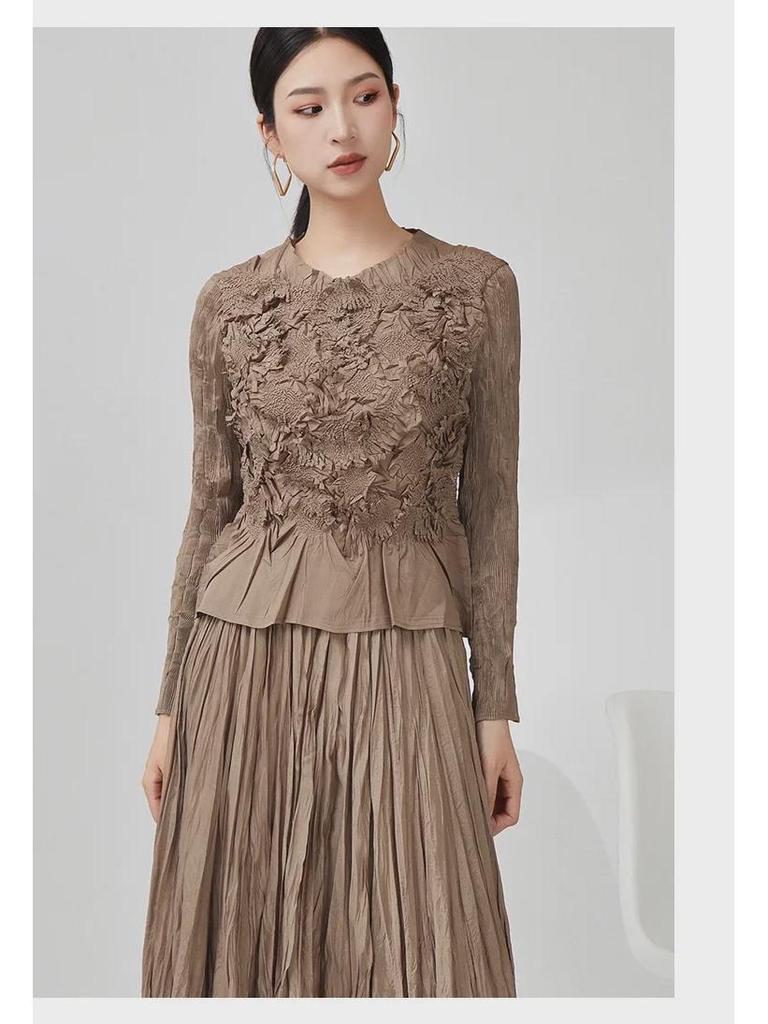 High-End Women's Pleated Casual Set: Long Sleeve Top & Slimming Midi Skirt Two-Piece