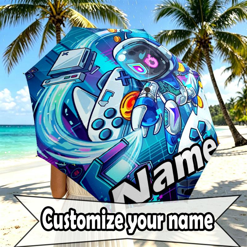 Custom Name Personalized Cosmic Bot Crew Print Umbrella, Auto Open Close, 8‑Rib Sturdy Frame, Commute Camping Hiking Use, Birthday Gift