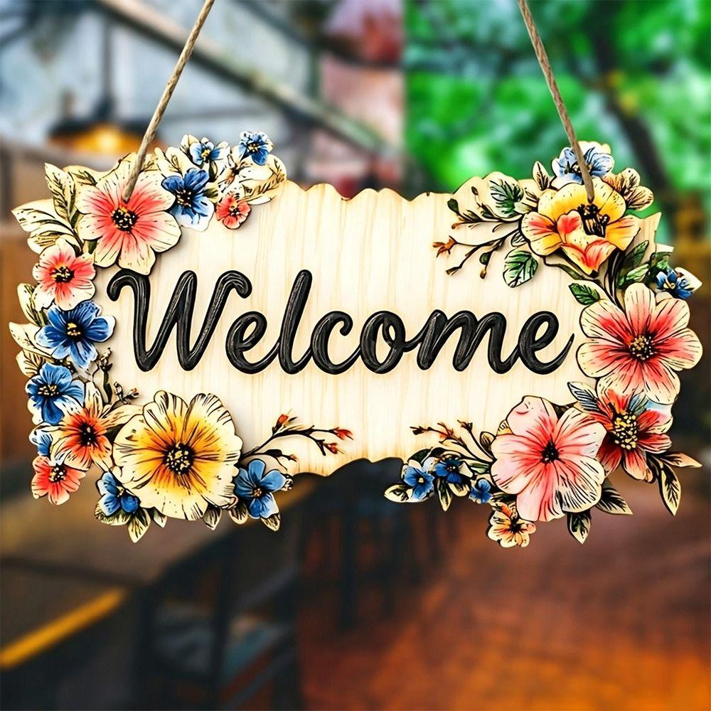 Retro Style Round Doorplate Cat Print Hanging Wooden Board New 2D Round Welcome Sign Home Decor
