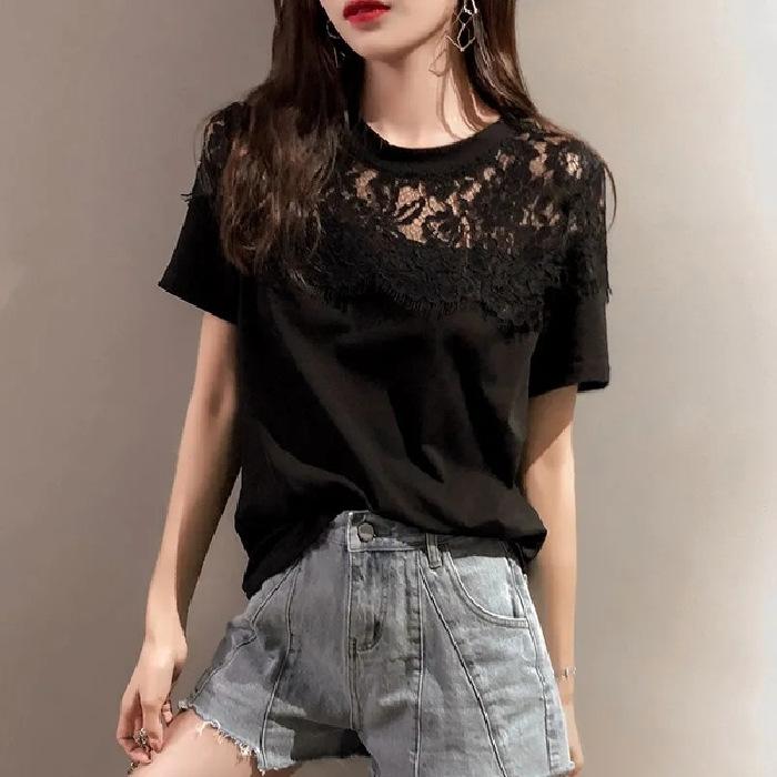 Women Summer Lace Patchwork Short Sleeve T-Shirt Korean Loose Plus Size Crew Neck Casual Student Daily Top