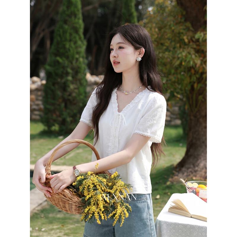 Lu Xiangnan French Chic V-Neck Short Sleeve Shirt S бежевый