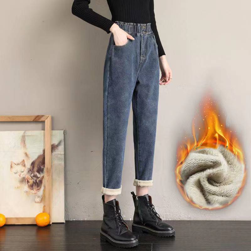 Women Winter Plush Baggy Ankle-length Jeans Velvet Lined High Waist Harem Denim Pants Vaqueros Pantalones Warm Thick Jeans