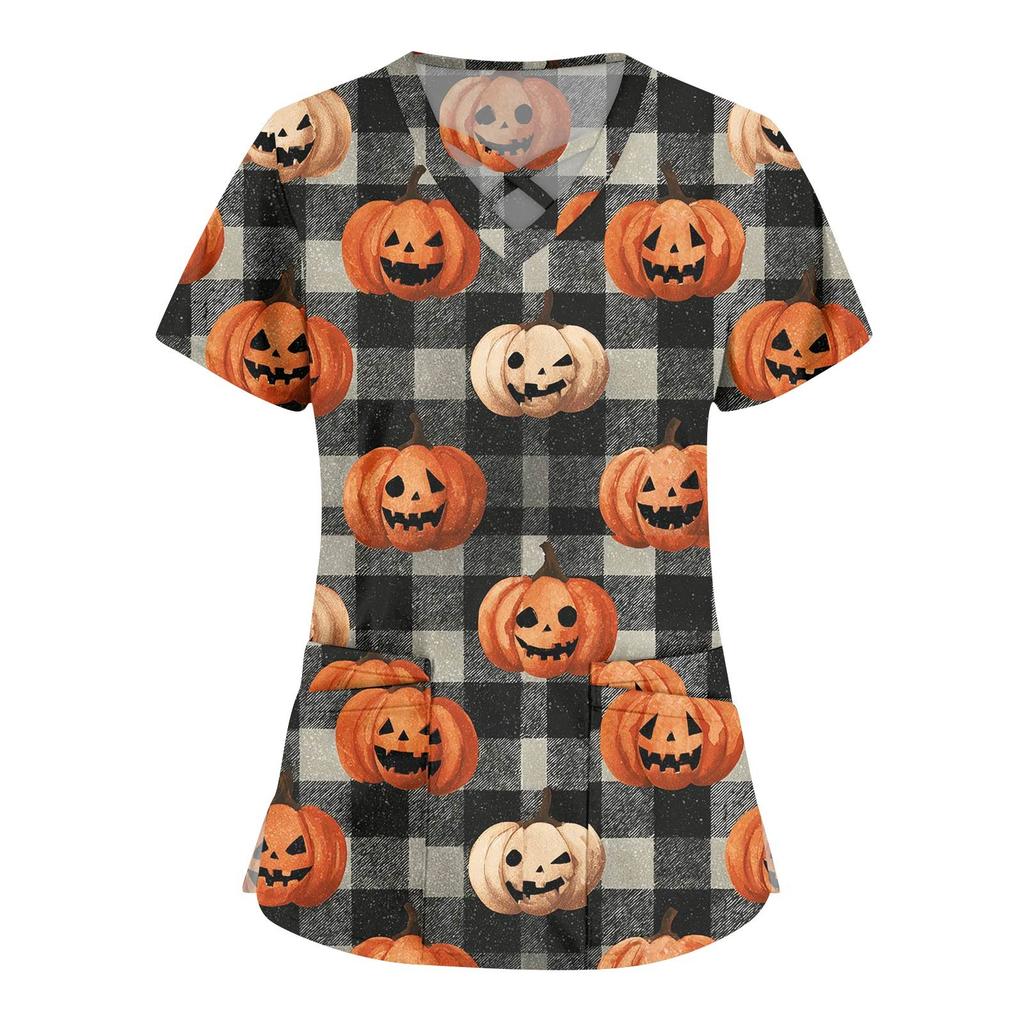 Damenmode Cross V-Ausschnitt Kurzarm Overalls Doppeltaschen Halloween Bedruckte Oberteile Uniformen