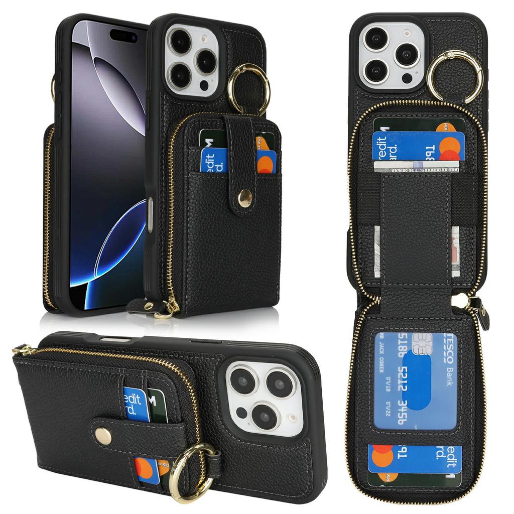 For iPhone 16 Pro Case with Zipper Pouch/Ring Kickstand/Strap Litchi Texture PU + TPU Phone Cover