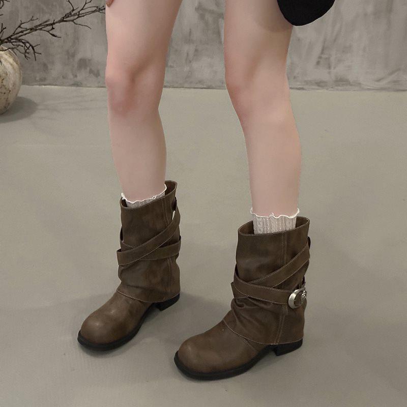 Knight boots retro cowboy boots heap boots women's autumn and winter western new pleated mid-tube boots pant tube babes
